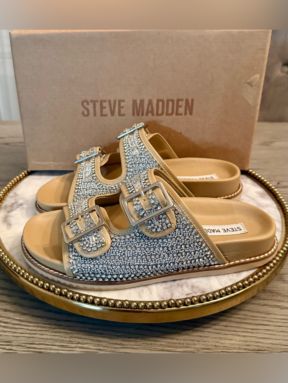 Steve Madden Rhinestone Buckle Double-Strap Slide Sandals | SZ. 7 (NWB)